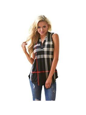 Women's Black Red White Check Slinky Sleeveless Top Size M /L